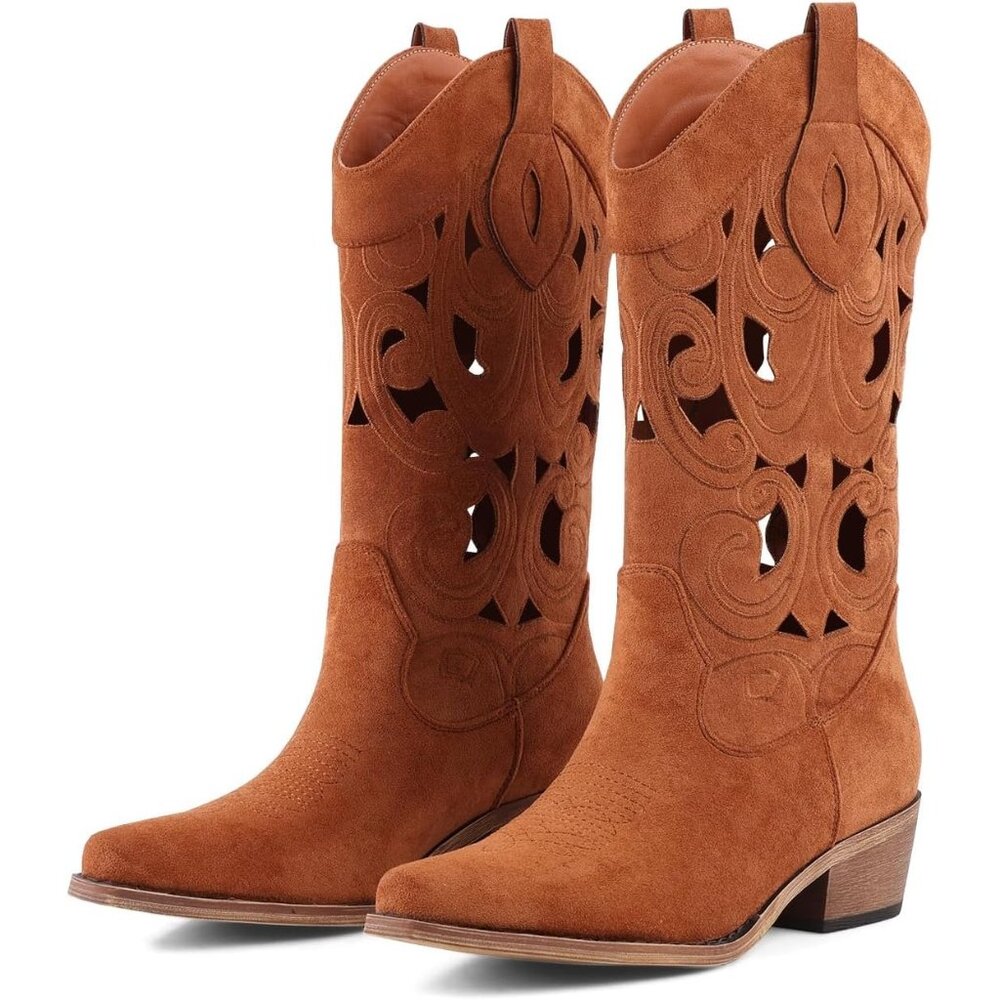 Women Brown Hollow-out Western Cowboy Boots Chunky Heel Comfortable